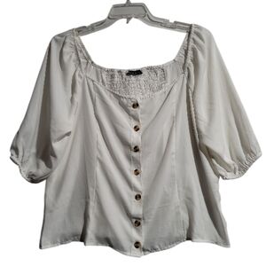 Women's Ivory Button XXL Top Shirred Back Cropped Peasant Fairy Vanilla Girl